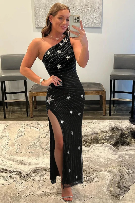 Sparkly Sequins Black One Shoulder Long Prom Dress with Stars