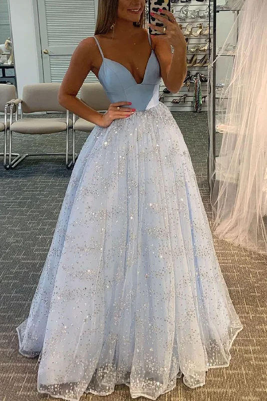 Sparkly Spaghetti Straps Light Blue Tulle Long Prom Dress