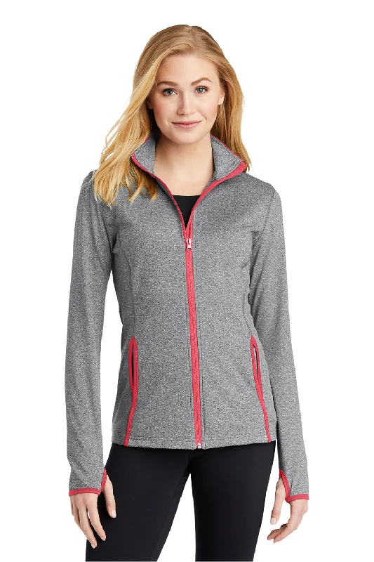 Sport-Tek Womens Sport-Wick Moisture Wicking Full Zip Jacket - Heather Charcoal Grey/Hot Coral Pink