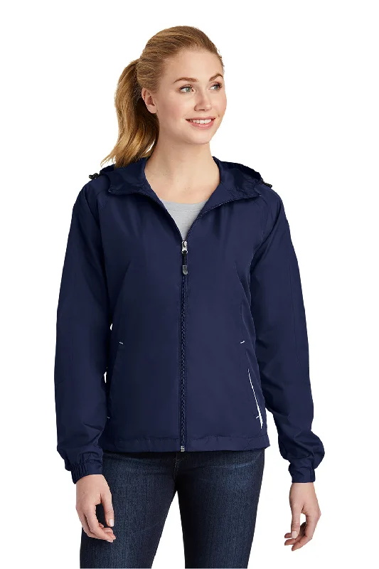 Sport-Tek Womens Water Resistant Full Zip Hooded Jacket - True Navy Blue/White