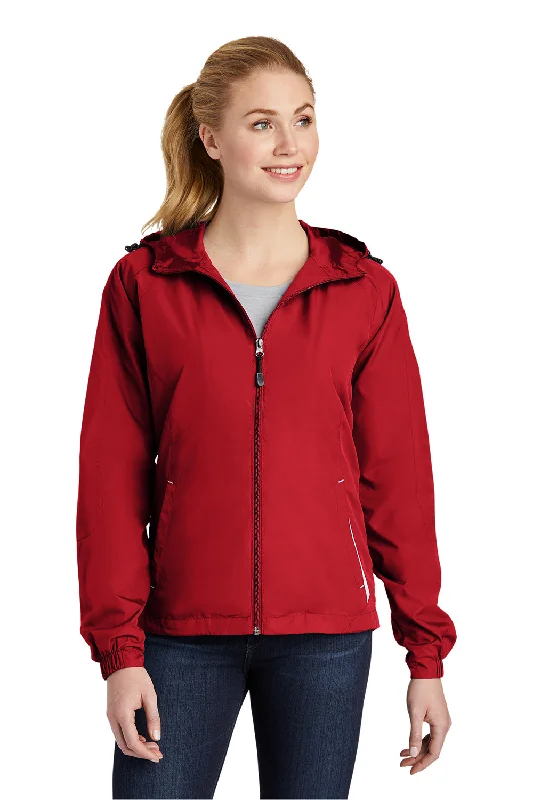 Sport-Tek Womens Water Resistant Full Zip Hooded Jacket - True Red/White