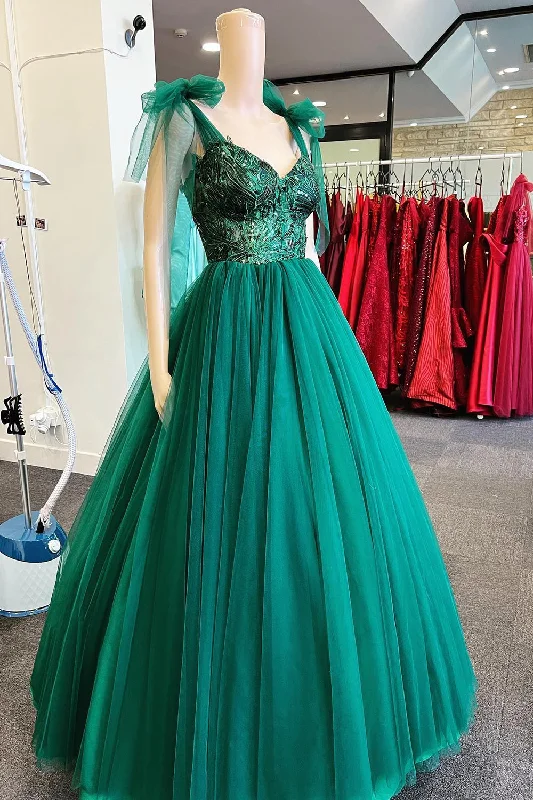 Tulle Spaghetti Straps Lace-Up Green Long Prom Dress