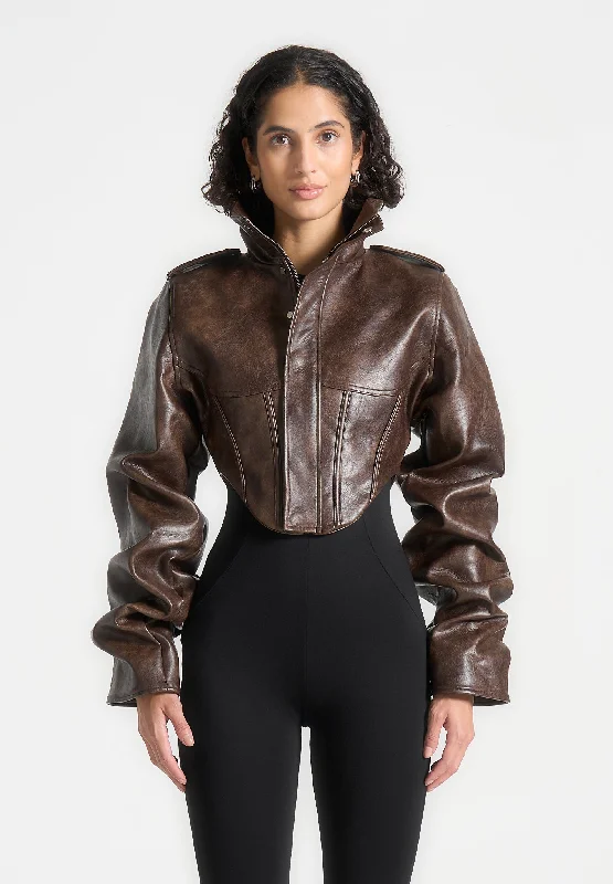 Vintage Leather Tacked Sleeve Corset Jacket - Brown