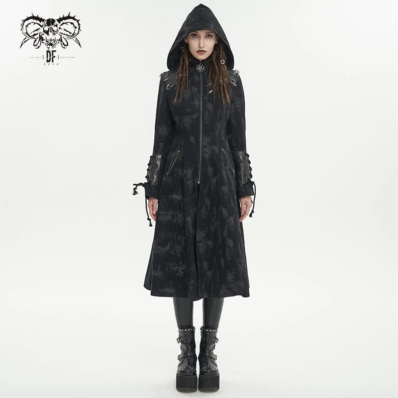 Women's Gothic Faux Leather Splice Distressed Coat with Hood