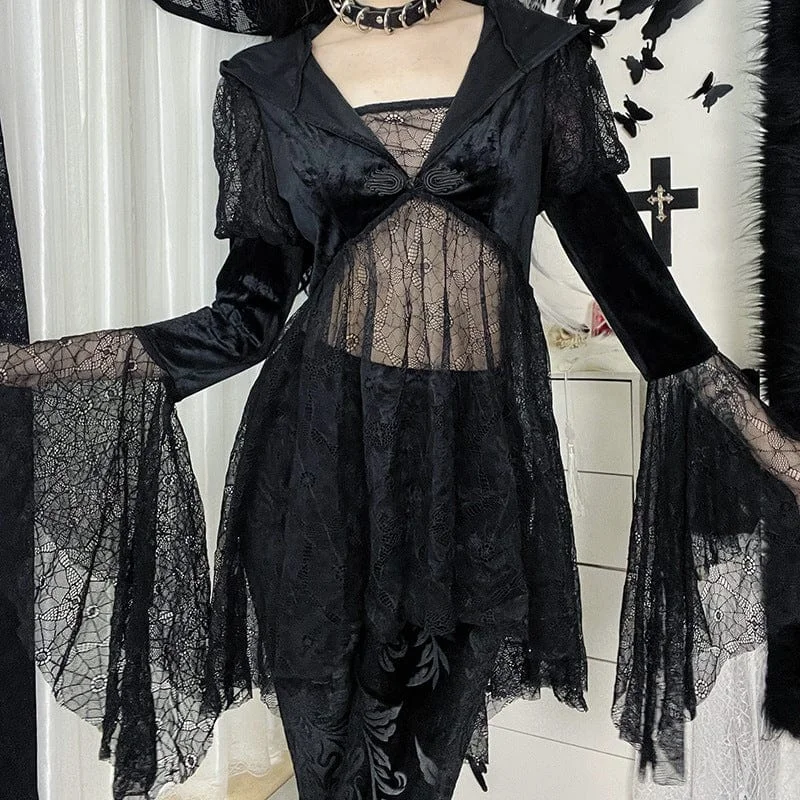 Women's Gothic Flare Sleeved Lace Coat with Hood