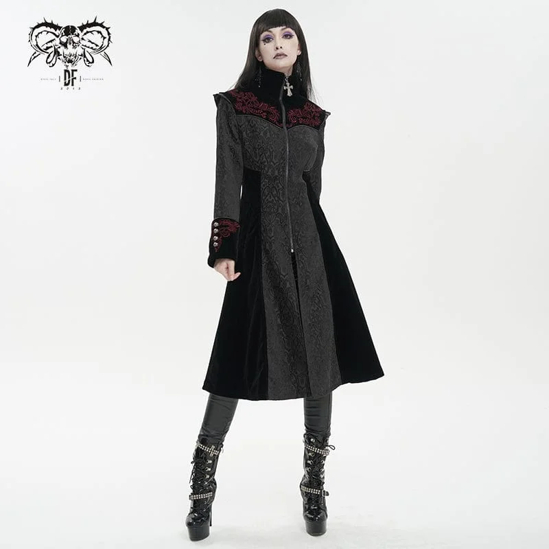 Women's Gothic Stand Collar Floral Embroidered Coat Black