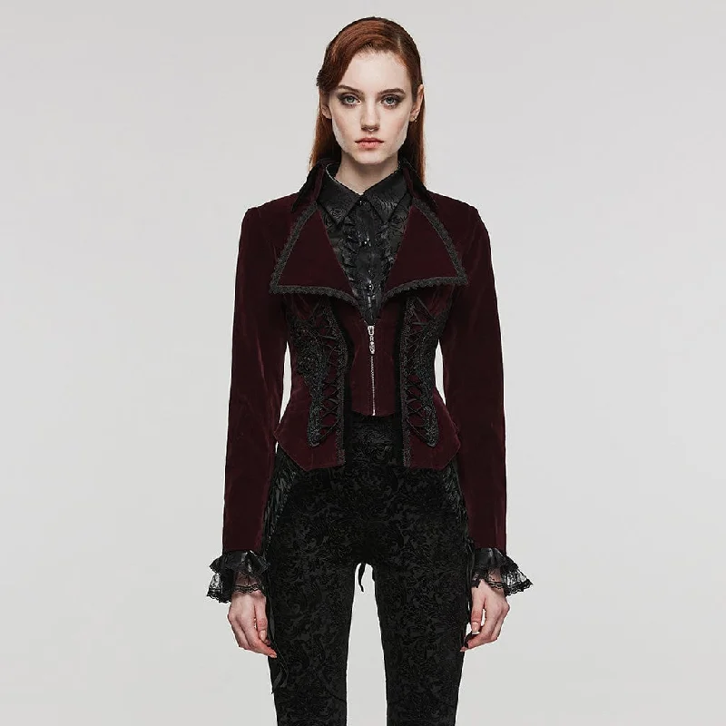 Women's Gothic Turn-down Collar Lace-up Velvet Coat Red