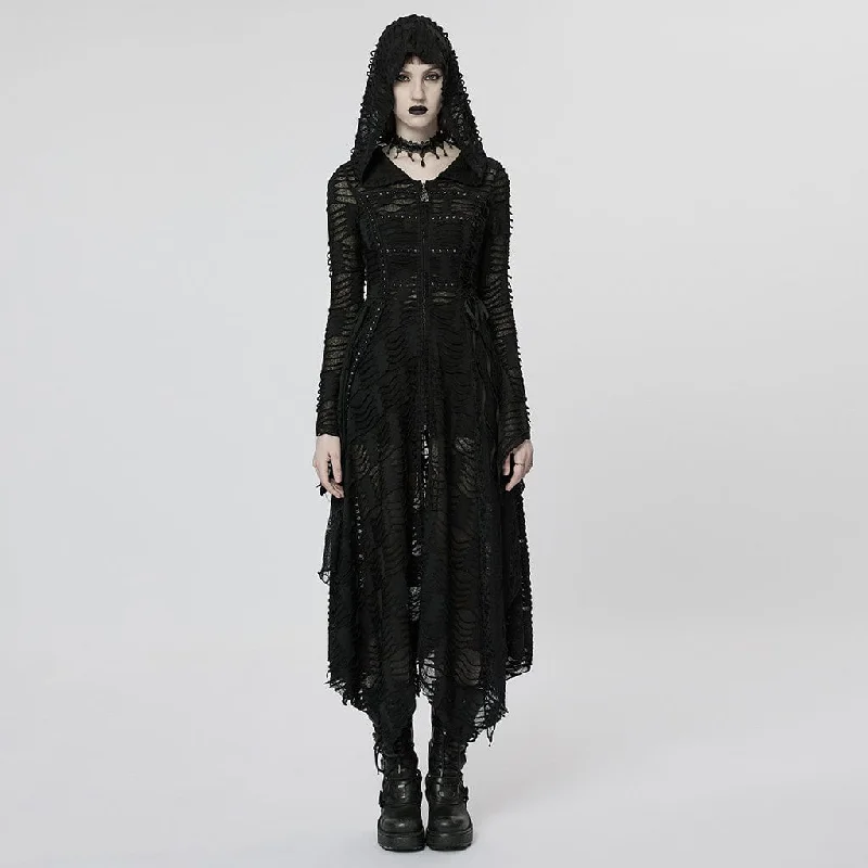 Women's Punk Irregular Ripped Long Coat with Hood