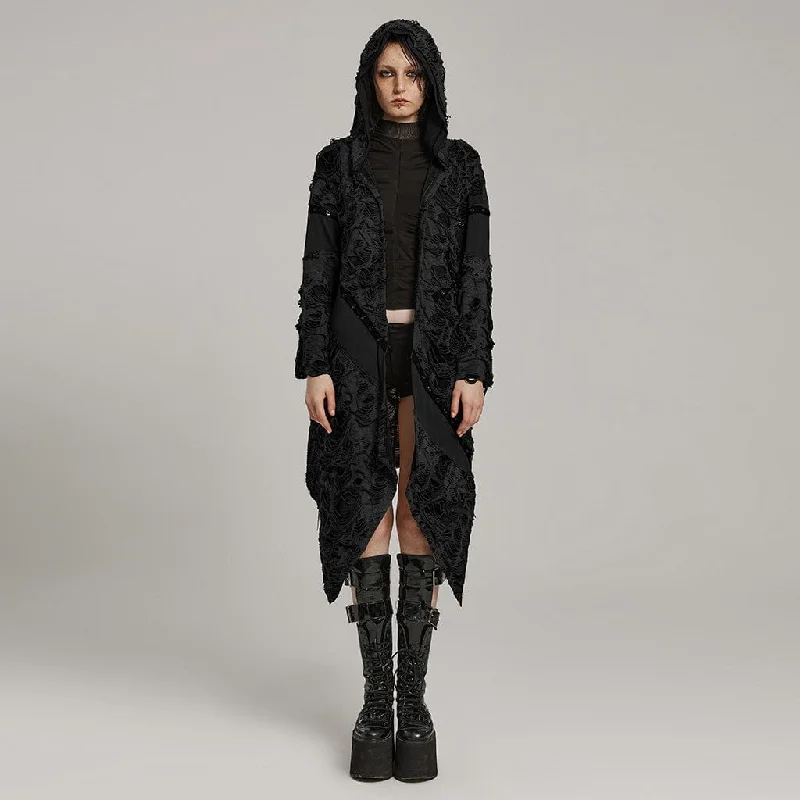 Women's Punk Ripped Eyelet Ruffled Coat with Hood Black