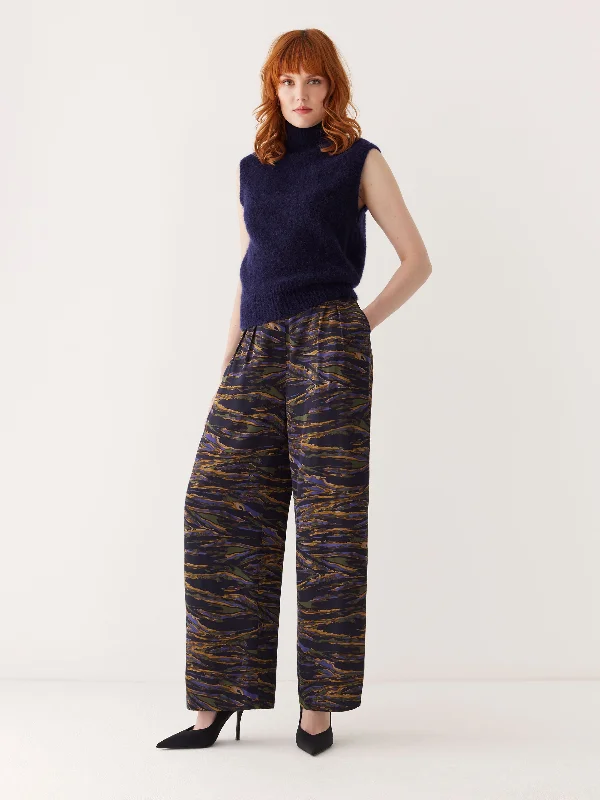 The Emma Printed Satin Pant in Dark Blue