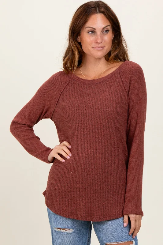 Brown Waffle Knit Raglan Long Sleeve Top