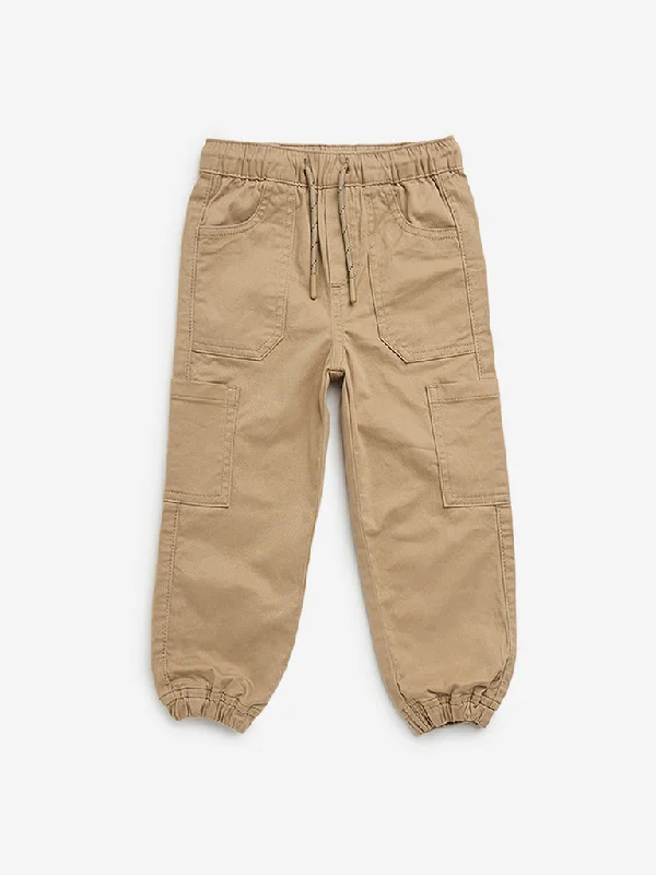 HOP Kids Beige Cargo-Style Mid-Rise Cotton Blend Joggers