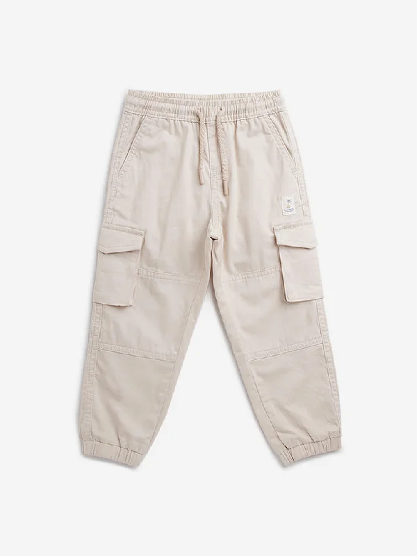 HOP Kids Beige Cargo-Style Mid-Rise Cotton Joggers