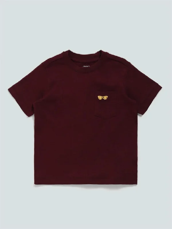 HOP Kids Glass Printed Pocket Burgundy T-Shirt