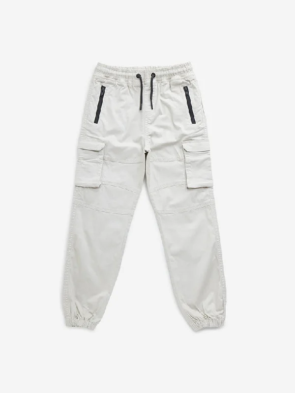 HOP Kids Off-White Cargo-Style Mid-Rise Cotton Blend Joggers