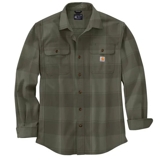 Loose Fit Heavyweight Flannel Long-Sleeve Plaid Shirt, Dusty Olive