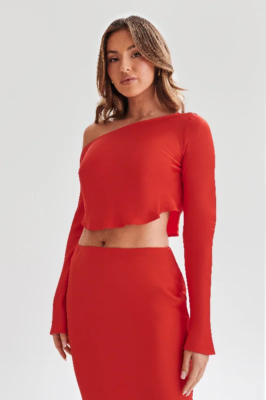 Violeta One Shoulder Satin Top - Red