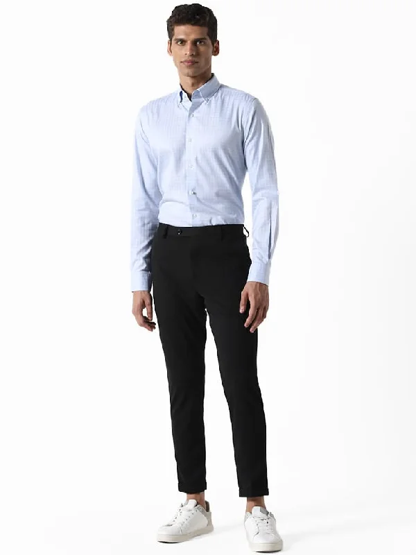 WES Formals Solid Black Slim-Fit Mid-Rise Trousers