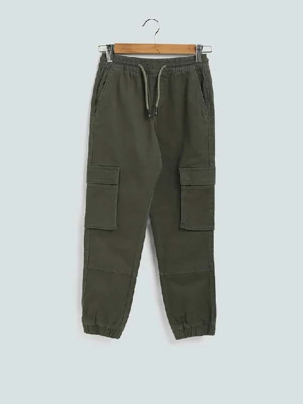 Y&F Kids Olive Green Solid Elasticated Joggers